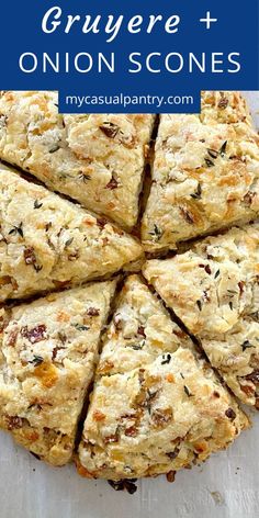 a close up of some food on a plate with the words caramelized onion scones