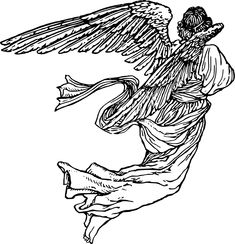 an angel with wings flying in the air, black and white drawing by hand on paper