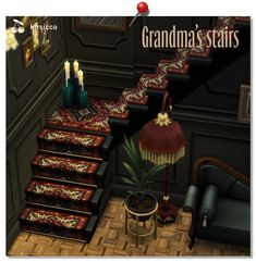 a set of stairs leading up to a living room filled with furniture and candles on top of them