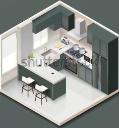 an overhead view of a kitchen and dining room in a house or apartment with furniture