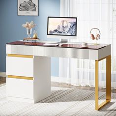 Tribesigns 47 Inch Modern Home Office Desk with Glass Top and 4 Drawers, Writing Workstation Desk for Living Room, Image 1 Glass Office Desk With Drawers, Glass Desk Drawers, Acrylic And Gold Desk, Home Office Acrylic Desk, Acyrlic Desk, White Gold Desk, Desk With Glass Top, Workstation Desk, Red Desk