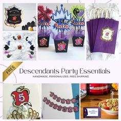 a collage of party items and decorations with the words, descendants party essentials handmade personalized free shipping