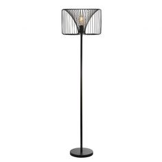 a black floor lamp with a cage on the top and two lights in the middle