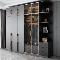 a walk in closet with glass doors and gold trimmings on the door handles