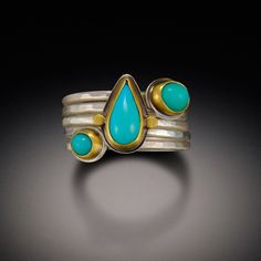 Three different shaped turquoise are enriched with 22k gold bezels. Two additional 1.5mm silver bands nest perfectly to complete this lovely stacking set. One of three turquoise bands are accented with hammered 22k gold dots. Matte finish. Each stone is unique and may vary from image. Turquoise Jewellery, Silver Bands, June Birthstone Ring, Turquoise Jewelry Native American, Moissanite Engagement Ring Oval, Chalcedony Ring, Gold Diamond Wedding Band, Stacking Ring Set, Aquamarine Engagement Ring