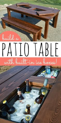 an outdoor table with bottles in it and the words build a patio table on top