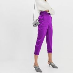 River Island For Asos Tapered Pants With Paperbag Waist In Purple Size 8 Spring Paperbag Waist Pants For Night Out, Paperbag Waist Pants For Night Out In Spring, Purple Work Pants With Belt Loops, Purple Workwear Pants With Belt Loops, Chic Purple Pants With Pockets, Trendy Purple Workwear Pants, Trendy Purple Pants For Workwear, Chic Purple Bottoms For Work, Chic Purple Workwear Bottoms