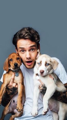 a man holding three puppies in front of his face and making a funny face