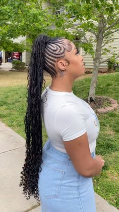 Small Braids Into Ponytail, Pony Cornrow Hairstyles, Cornrow Ponytail With Curls, Braided Cornrow Ponytail Hairstyles, Braided Boho Ponytail, Fast Braided Hairstyles, Braided Cornrow Hairstyles Updo, Stitch Braided Ponytail