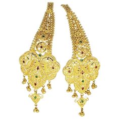 KDM Ornate/Detailed 22k India Gold Earrings. These earrings must be owned to appreciate. This is a one of kind design featuring colored emeralds & rubys throughout. These earrings are very luxurious and often worn at weddings/anniversaries or very special occasions. They measure 1.3” x 3.7” and weight 30.6 grams of 22k solid gold. The earrings are stamped 22k & feature a screw back for a secured fit. These earrings are worn with the top long layer going over the back of the ear. Made in Dubai Ancient Roman Jewelry, Art Deco Drop Earrings, Roman Jewelry, Wedding Earrings Drop, 18k Gold Earrings, Traditional Earrings, Art Deco Earrings, Antique Earrings, Diamond Drops