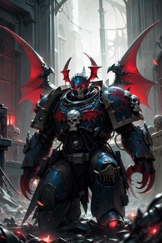 an image of a warhammer with red lights on his face and two demonic wings