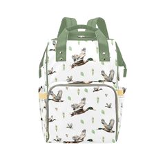 a white and green backpack with ducks on it