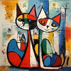 two cats sitting next to each other in front of a painting