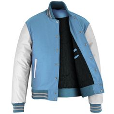 Varsity Letterman Baseball Sky Blue Wool and White Genuine Leather Sleeves Jacket with White Trims If your required Size & Color Combination is not listed then please contact with us We will respond you as soon as possible the estimated time is 12 Hours, All Sizes & Color Combinations are Available. The quality of the varsity jacket is the finest in the field. 100% high quality Wool. A fine quilt lining with Wool trimmed inside pocket are all part of the complete package. Each varsity jacket des Blue Cotton Outerwear With Contrast Stitching, Blue Long Sleeve Outerwear With Contrast Stitching, Blue Sporty Outerwear With Padded Collar, Classic Blue Long Sleeve Varsity Jacket, Classic White Outerwear With Contrast Trim, Classic Light Blue Winter Outerwear, Blue Cotton Varsity Outerwear, Classic Blue Varsity Jacket For Fall, Blue Fitted Varsity Jacket For Winter