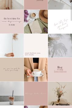 a collage of photos with pink and beige colors