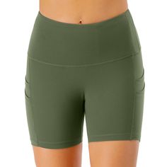 Army Green Pocketed High Waist Shorts Mid-thigh Yoga Bottoms With Pockets, Mid-thigh Length Yoga Bottoms With Pockets, Solid High Waist Biker Shorts With Pockets, High Waist Sports Shorts With Pockets, High-waist Biker Shorts With Pockets, Gym High-waisted Shorts With Pockets, High Waist Athletic Shorts With Pockets For Yoga, Khaki Workout Shorts, Solid Color Mid-thigh Length Shorts With Pockets