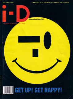 the front cover of i - d magazine with a smiley face in red and black