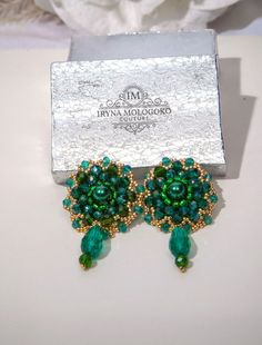 Green Emerald Earthy Stud Earrings Hand Beaded for Women - Etsy Beaded Stud Earrings, St. Patrick’s Day, Large Statement Earrings, Large Gift Boxes, Boho Green, Large Gift, Drop Beads, Gold Hands, Gold Glass