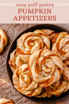 pumpkin appetizers in a bowl with text overlay that reads easy puff pastry pumpkin appetizers