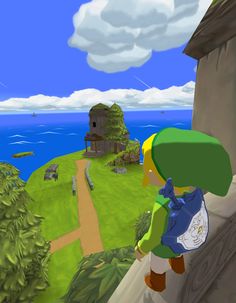 the legend of zelda is standing on a ledge looking out at an island and water