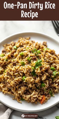 one - pan dirty rice recipe on a white plate