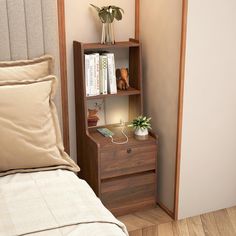 a bedroom with a bed, nightstand and bookshelf in the corner next to it