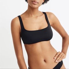 New With Tags Madewell Black Bikini Top! Is Padded And In A Size Medium. In The “Second Wave Balconette” Style. Fitted Swimwear With Medium Bust Support And Scoop Neck, Fitted Scoop Neck Swimwear With Medium Bust Support, Black Fitted Swimwear With Wide Straps, Black Scoop Neck Swimwear With Lined Body, Black Scoop Neck Swimwear, Black Lined Scoop Neck Swimwear, Black Seamless Scoop Neck Swimwear, Black 4-way Stretch Swimwear, Bra Friendly, Black Moisture-wicking Racerback Swimwear