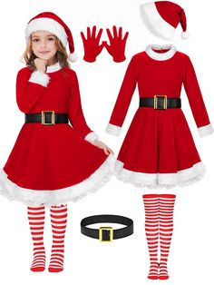 PRICES MAY VARY. Package includes: you will receive a Christmas dress outfit, including 1 puffy red suede Santa dress, 1 red Santa hat, 1 pair of red gloves, 1 black belt, and 1 pair of red and white striped over-the-knee socks; this whole girls Christmas red velvet dress costume set helps create a cute and eye-catching Christmas look Quality material: our dress, hat, and gloves are made of thick and textured square velvet, with 90% polyester and 10% spandex; the white plush material is high-qua Christmas Dress Outfit, Baby Costumes Girl, Trio Halloween Costumes, Santa Dress, Santa Suit, Over Knee Socks, Santa Costume, Red Gloves, Santa Suits