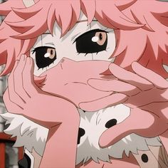 an anime character with pink hair covering her face