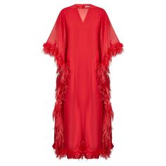 This original 1970s red feather dress ensemble by Guy Laroche is a high-end boutique piece or demi couture order and the perfect statement piece for any event or party. The ensemble is actually made up of two completely separate dresses which could each be worn alone. The inner dress is cut from a lightweight silk crepe in coral red which has a V-neck and gentle sloping cap sleeves. The front is pleated at the waistband and flows down beautifully into a long straight skirt with a front kick plea Red Feather Dress, Long Straight Skirt, Bday Dress, 25th Bday, Outer Dress, Batwing Dress, Silk Chiffon Dress, Red Feather, Guy Laroche