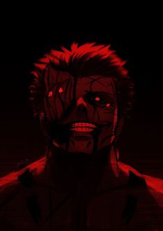 an animated image of a man with blood on his face and red lights in the background