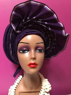 Purple pleated Auto Gele, ready to wear Gele hat for formal occasions.  No need to tie, comes with adjustable ties at the back.  One size fits most. African Hat, African Hats, Cloche Hats, Sticker Removal, Hot Iron, Cloche Hat, Travel Light, Fabric Bag, Head Wraps