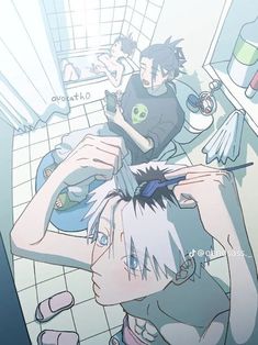 an anime character brushing his hair while another person sits on the toilet in the background