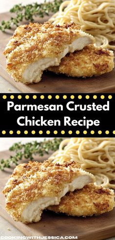 parmesan crusted chicken recipe on a cutting board