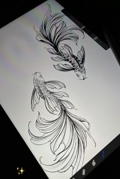 a drawing of two goldfishs in black and white ink on a sheet of paper