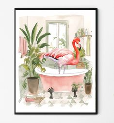 a painting of a pink flamingo in a bathtub surrounded by potted plants