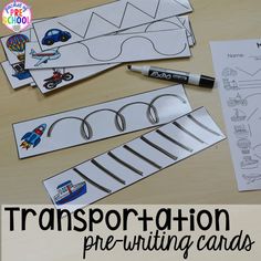 transportation pre - writing cards with scissors and pencils