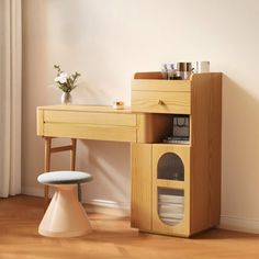 a wooden desk with a shelf and chair next to it