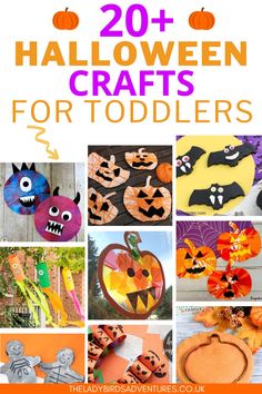 9 square photos of Halloween toddler crafts and two illustrations of pumpkins. Text reads 20+ Halloween crafts for toddlers Easy Halloween Crafts For Toddlers, Easy Diy Halloween Crafts, Halloween Nursery, Quick Halloween Crafts, Diy Halloween Crafts, Halloween Activities For Toddlers, Crafts By Month, Halloween Craft Activities, Craft Activities For Toddlers