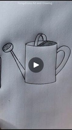 a drawing of a watering can with a teapot on it and a spoon in the cup