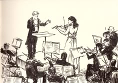 an ink drawing of a conductor and orchestra in front of the conductor's desk