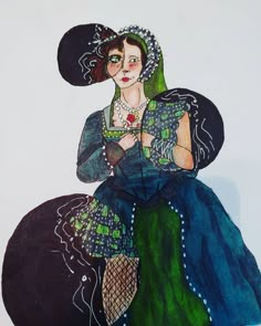 a drawing of a woman sitting on top of a black ball and wearing a green dress