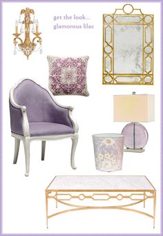 purple and gold living room design board with white furniture, chandelier, mirror, lamp