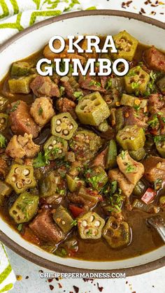 okra gumbo in a bowl with a spoon