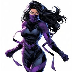 a woman dressed in purple and black with her hands on her hips, wearing a catwoman costume