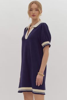 True to size, I am an 8/10 wearing a medium. Solid textured short sleeve v-neck collared dress featuring pockets at side. Contrasting solid trim detail. Unlined, knit, non-sheer, lightweight. 95% polyester, 5% spandex. Small 4-6Medium 8-10Large 12-14 Collared Dress, Polo Dress, Trim Detail, Collar Dress, Neck Collar, Dress Accessories, Spandex, Trim, V Neck