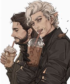 two people are drinking coffee and one is holding a drink