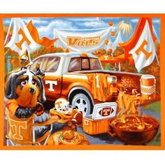 a painting of a dog sitting in front of a truck with food on the ground