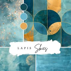 the lapis sky wallpaper collection is shown in blue, yellow and gold tones