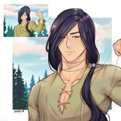 an anime character with long black hair and green shirt holding a bow in her hand